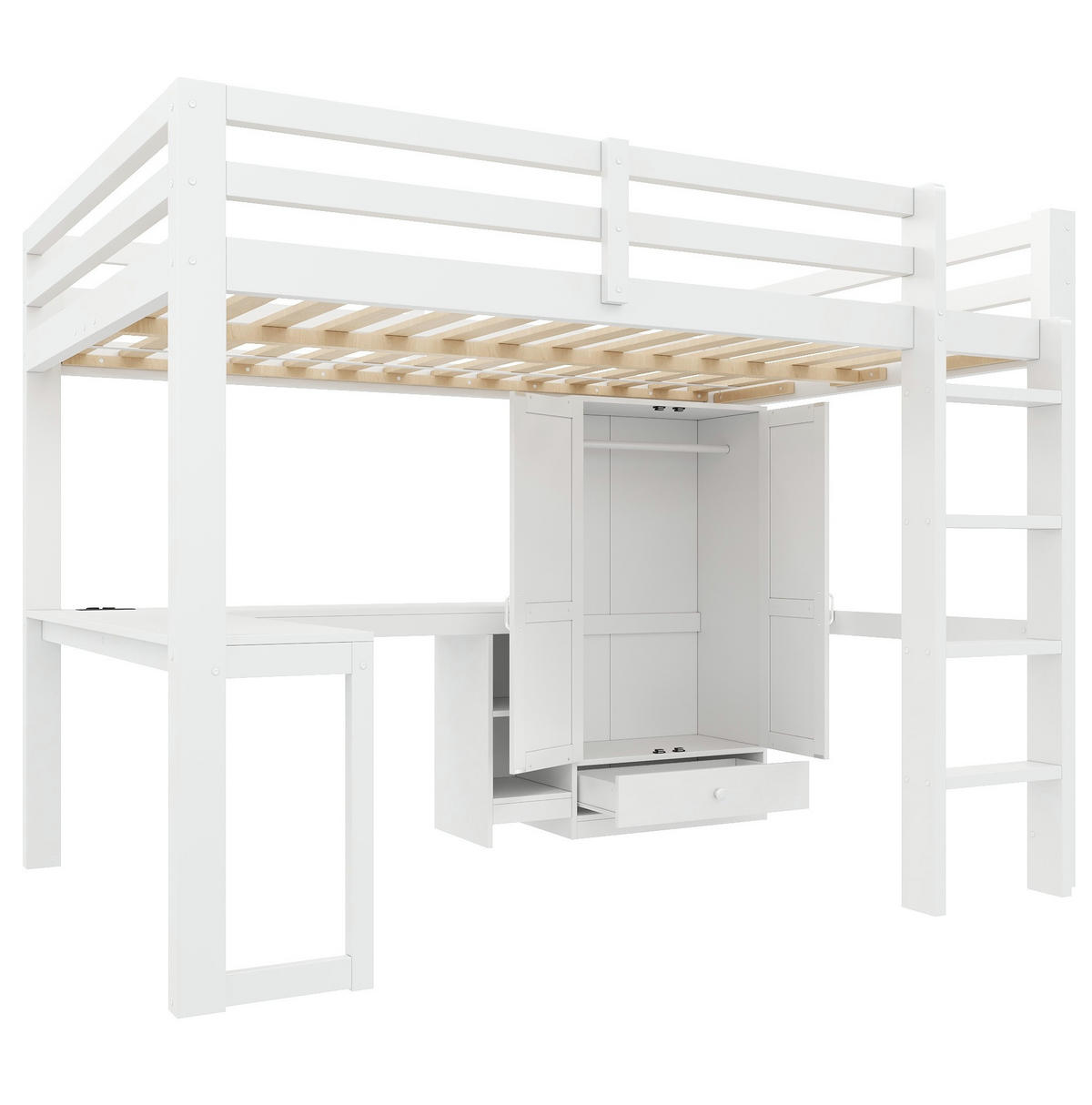 HOCHBETT aus Kiefernholz 140x200 cm Weiß mit Schreibtisch, Kleiderschrank, USB-Anschluss und LED-Beleuchtung - Weiß, Holzwerkstoff (140/200cm) - Modfu