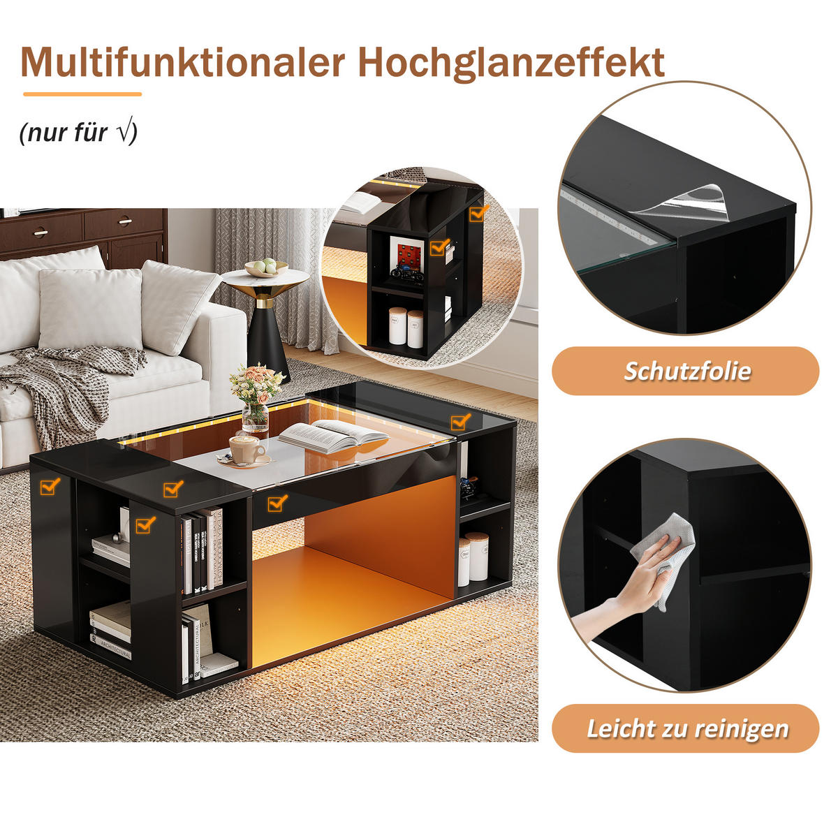 COUCHTISCH DE-070 LED-Glas Schwarz - Schwarz, Holzwerkstoff (50/100/40cm) - ComfortXL