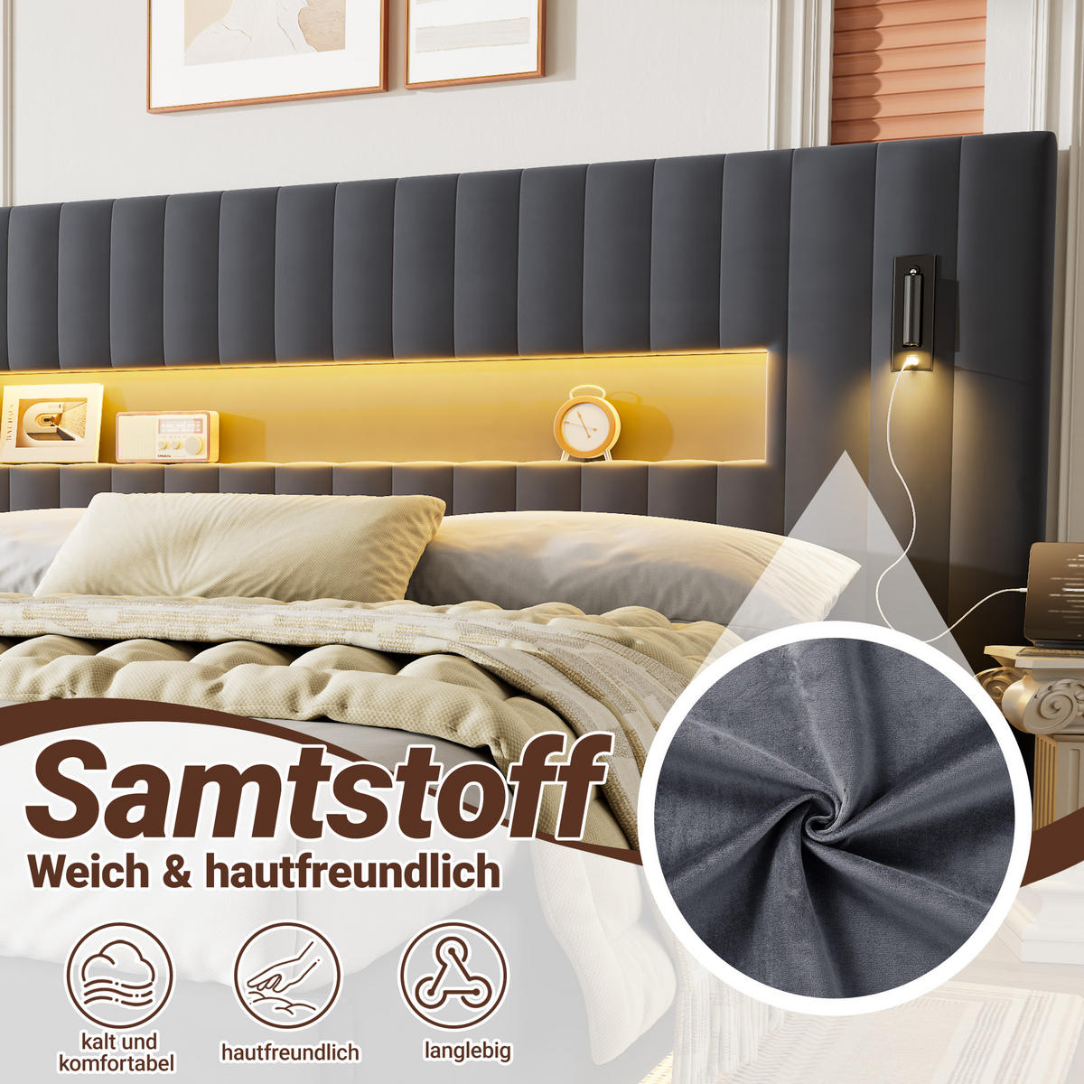 ČALOUNĚNÁ postel 180/200 cm tmavě šedá ze sametu s hydraulickým úložným prostorem a LED čtecím světlem - tmavě šedá, textil (180/200cm) - OKWISH