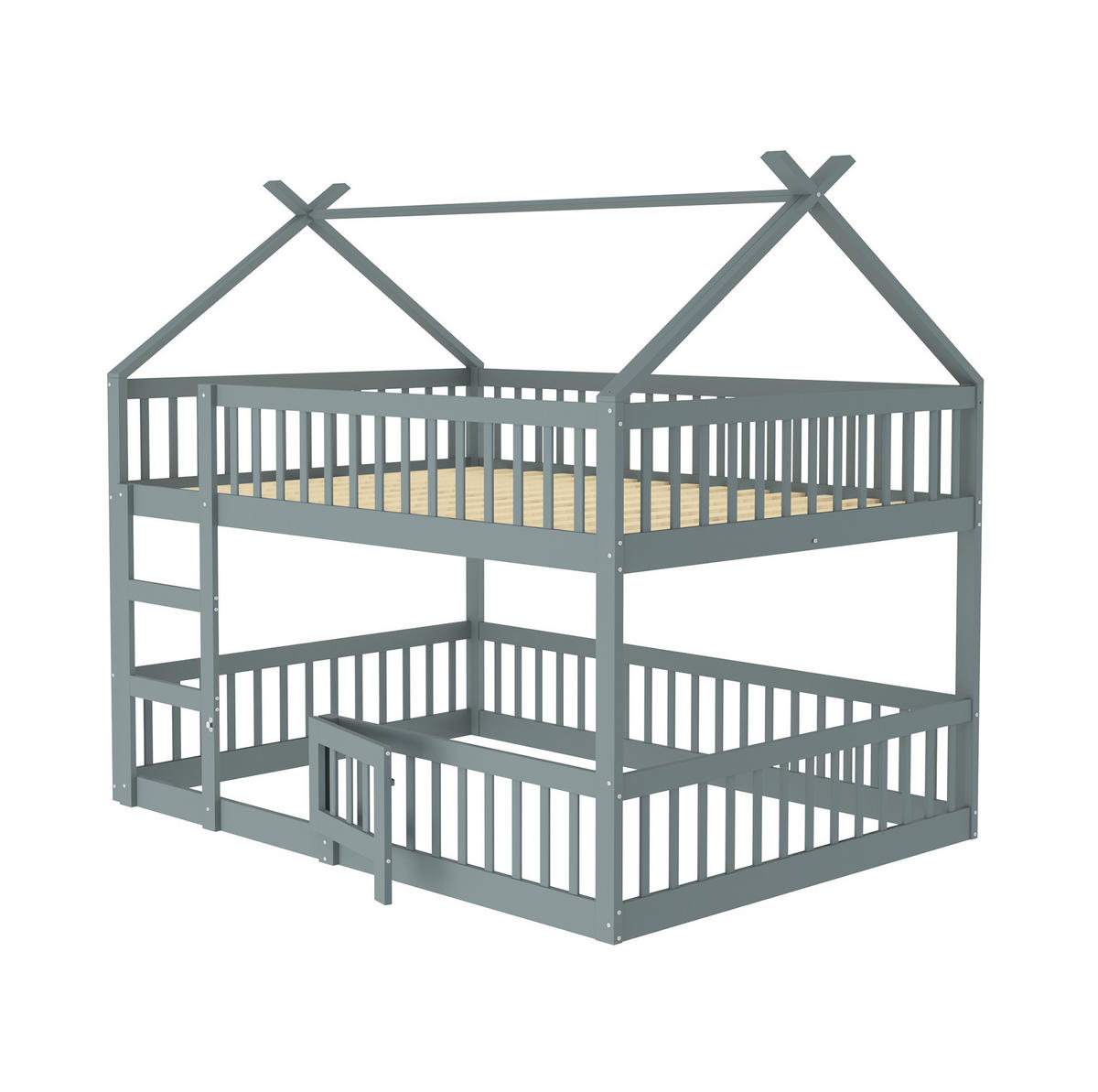 ETAGENBETT aus Holz 140x200 cm Grau mit Treppe und Sicherheitsumrandung - Grau, Holzwerkstoff (140/200cm) - IVMEU