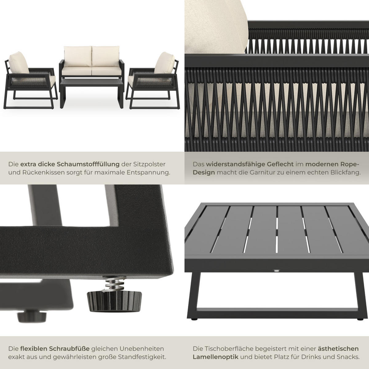 GARTEN-LOUNGE SET Captive,Tisch mit Lamellenmuster,anthrazit - Anthrazit, Kunststoff/Metall - tectake