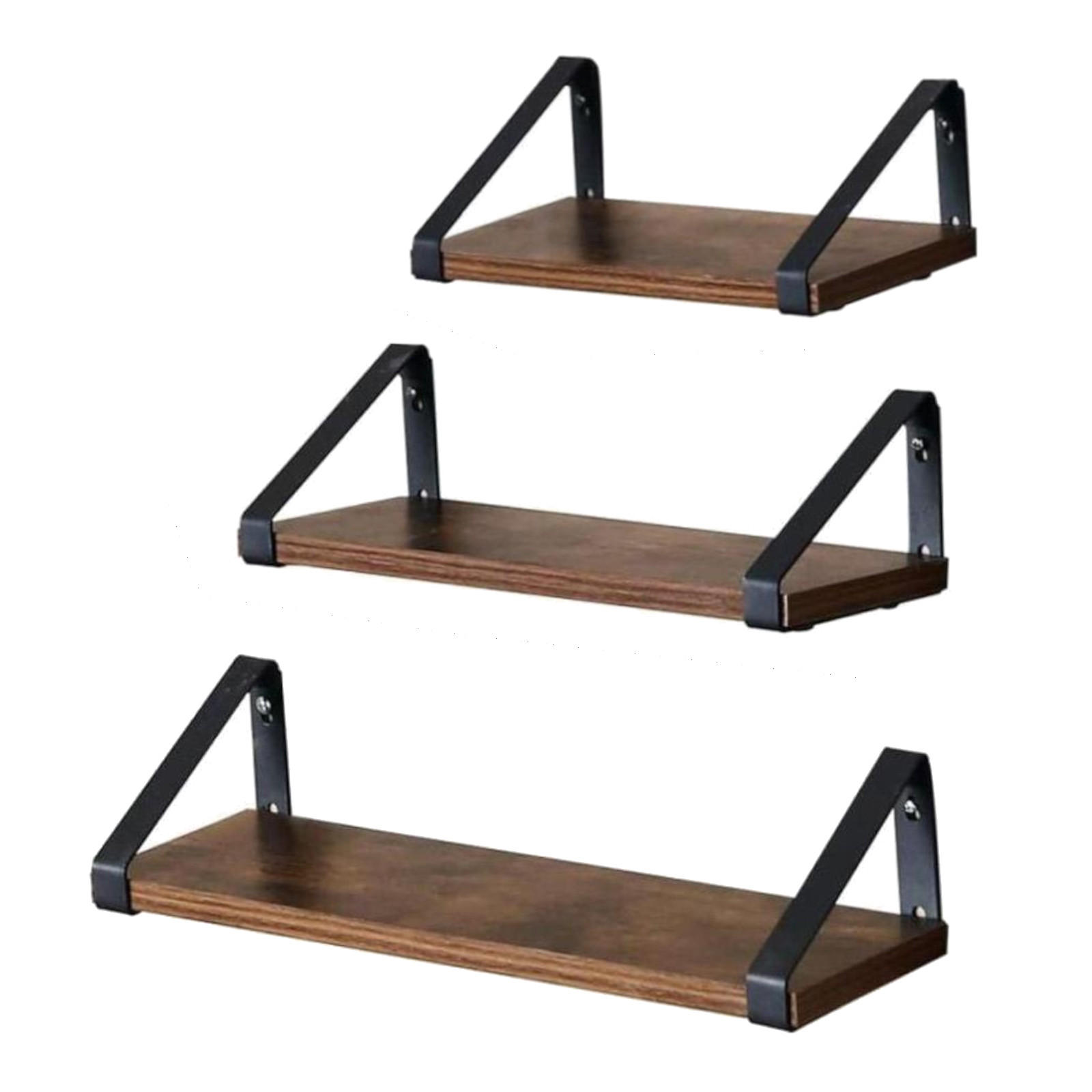 WANDREGAL Holzoptik Metall Dunkelbraun Schwarz 3-er Set 30/35/40x12x11 cm - Dunkelbraun/Schwarz, Holzwerkstoff/Metall (12/11/40cm) - Begryf