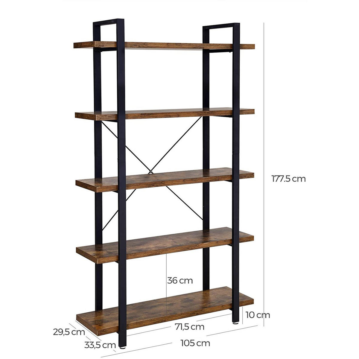 STANDREGAL Metall Holzwersktoff Schwarz Dunkelbraun 5 Ablagen Industrial 105x29,5x177,5 cm - Dunkelbraun/Schwarz, Holzwerkstoff/Metall (33.5/177.5/105cm) - Begryf