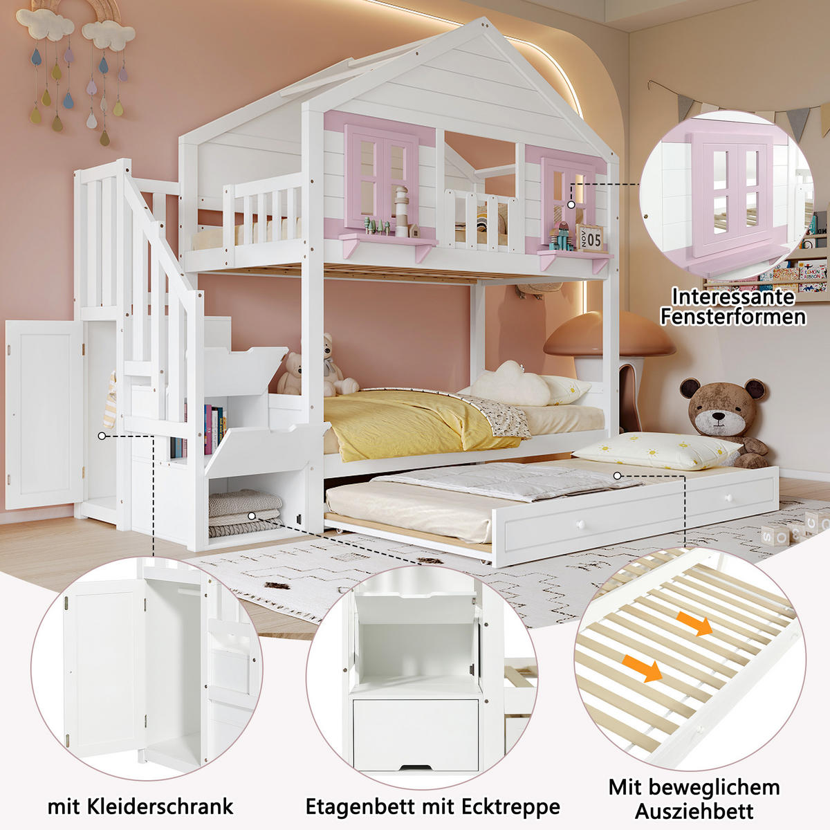 HOCHBETT 90x200 cm Ausziehbett rosa - Weiß, Holz (90/200cm) - LEBENLANG