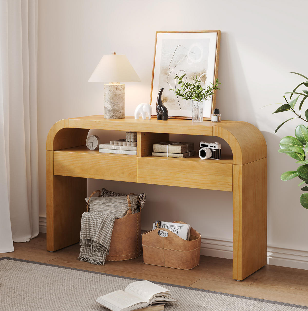 KONSOLENTISCH aus MDF 120x35,5x76,5 cm Natur mit 2 Schubladen, offenen Fächern und verstellbaren Füßen - Naturfarben, Holzwerkstoff (35.5/120/76.5cm) - Modfu