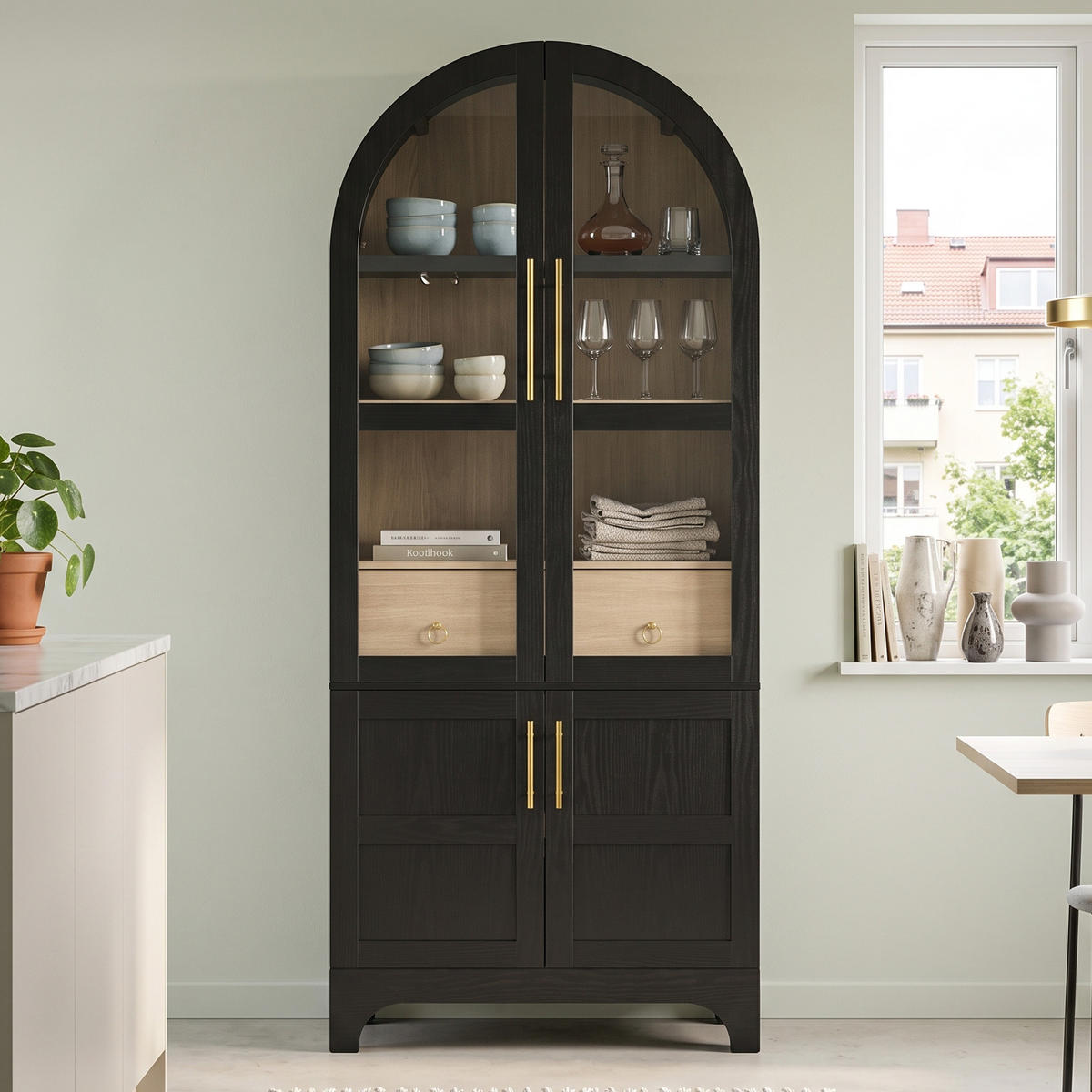 HIGHBOARD mit Riffelglas & Schubladen 180cm - Schwarz, Holzwerkstoff (76/180/40cm) - Urban Meuble
