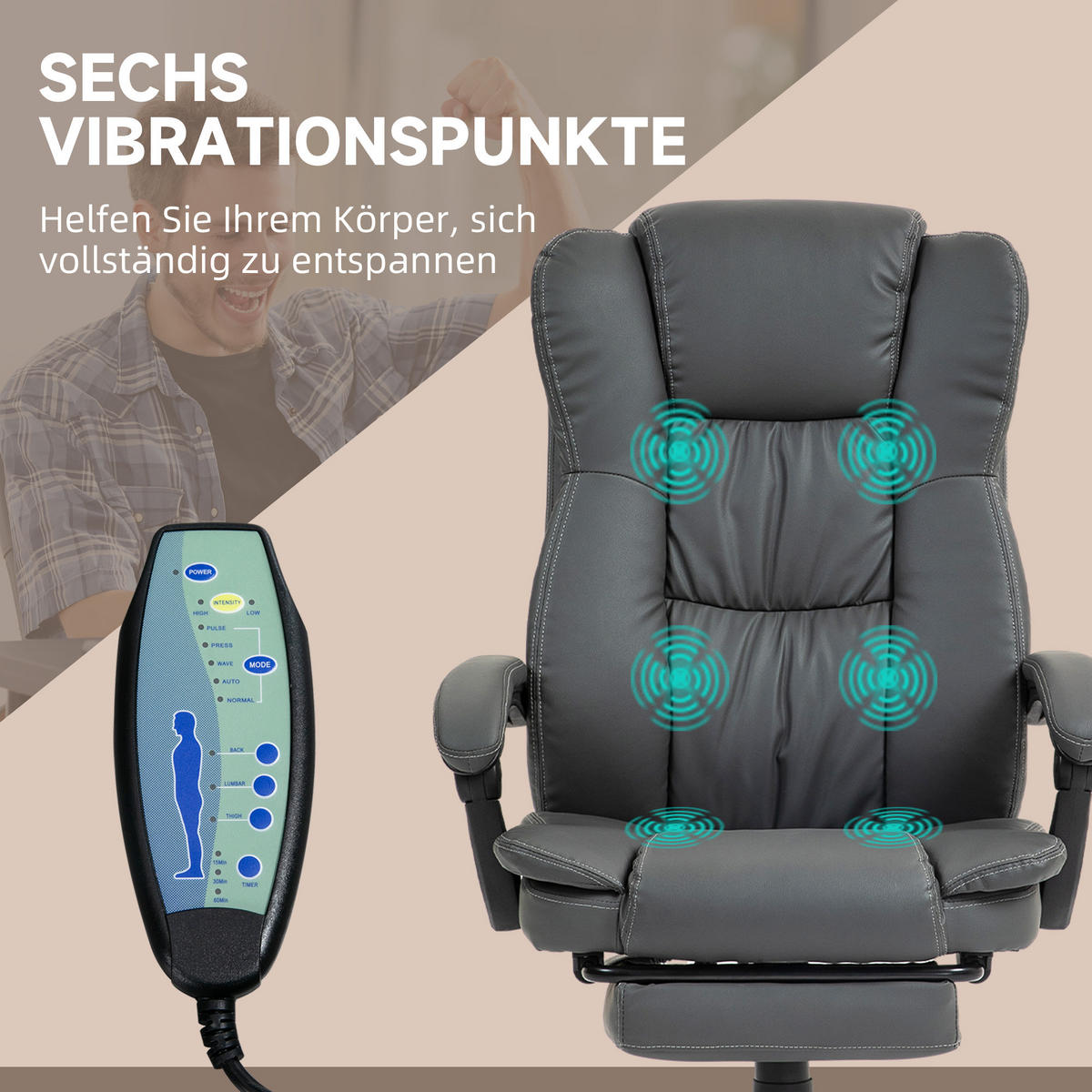 VERSTELLBARER Drehstuhl mit Fußstütze, Kopfstütze, Massagefunktion, Dunkelgrau - Dunkelgrau/Schwarz, Kunststoff (68.5/121/68.5cm) - Vinsetto