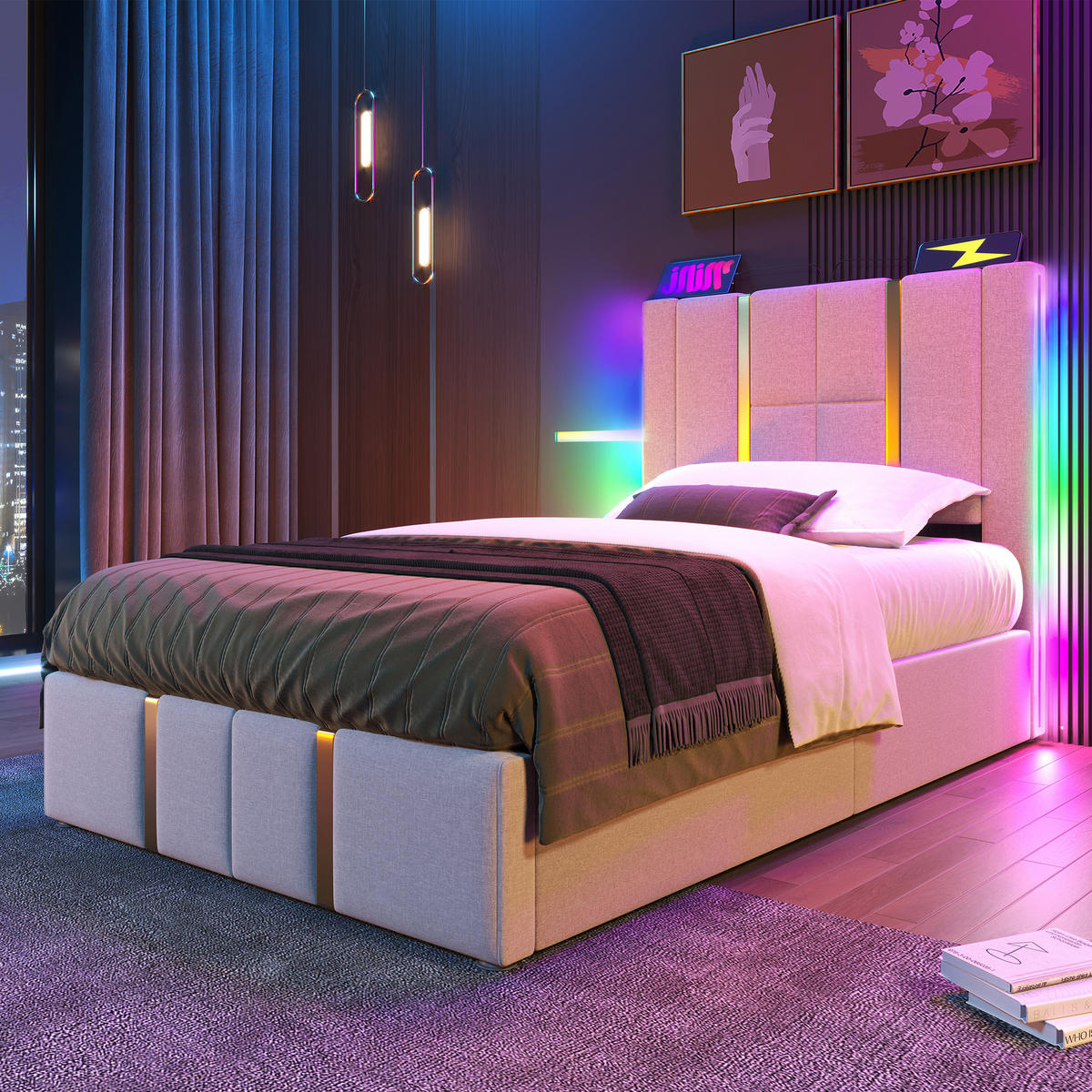 STAURAUMBETT 90/200 cm DE-00520, in Beige, LED und hydraulischem Bettkasten - Beige, Metall (90/200cm) - ComfortXL