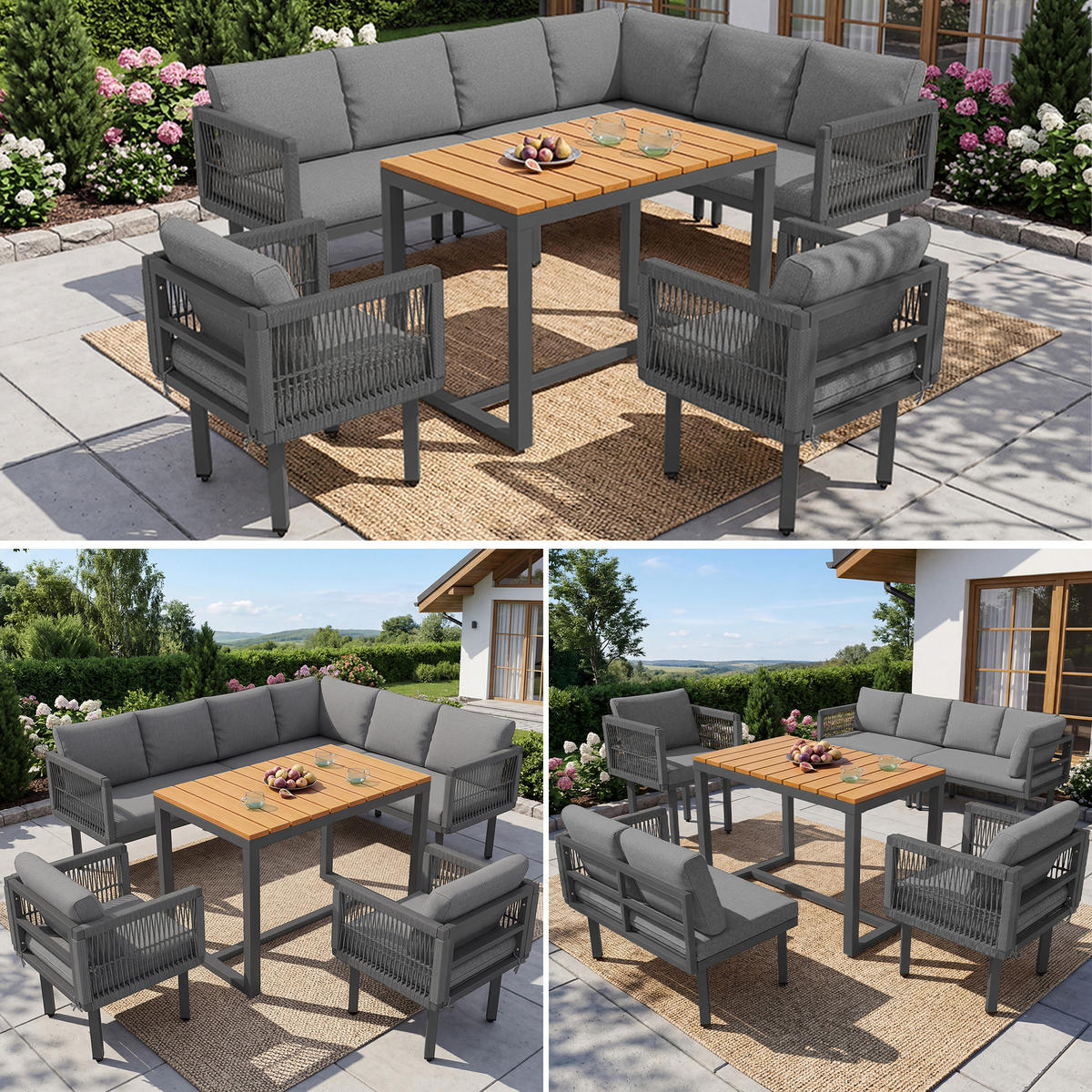 GARTENLOUNGE 6-teilig Ecksofa Sessel Tisch Outdoor Grau - Grau, Metall - FLIEKS