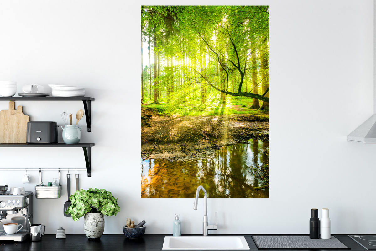 WANDTATTOO Wald - Landschaft - Wasser - Bäume - Sonne - Grün - Natur 80x120 cm - Grün, Kunststoff (80/120/0.1cm) - MuchoWow
