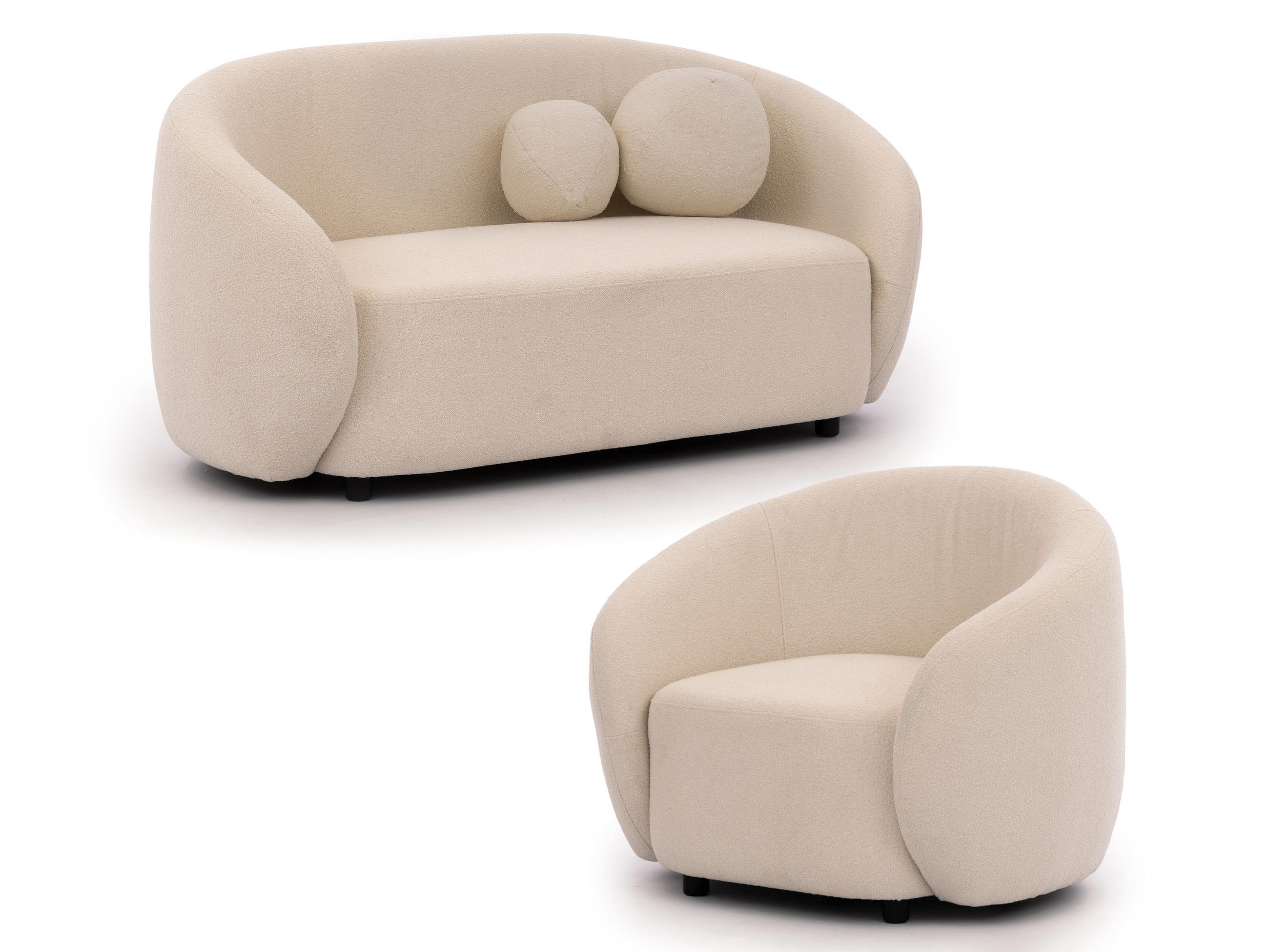 SITZGARNITUR 2+1 Roundi Cremeweiß Bouclé - Creme/Schwarz, Holz/Kunststoff (150/76/80cm) - S-Style Möbel