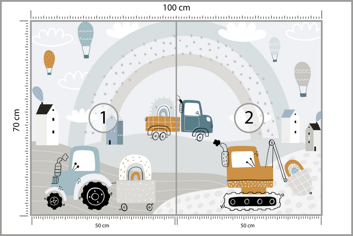 FOTOTAPETE für Kinderzimmer Baumaschinen Regenbogen Hügel Wolken 100x70 - Blau/Beige, Papier (100/70cm) - Muralo