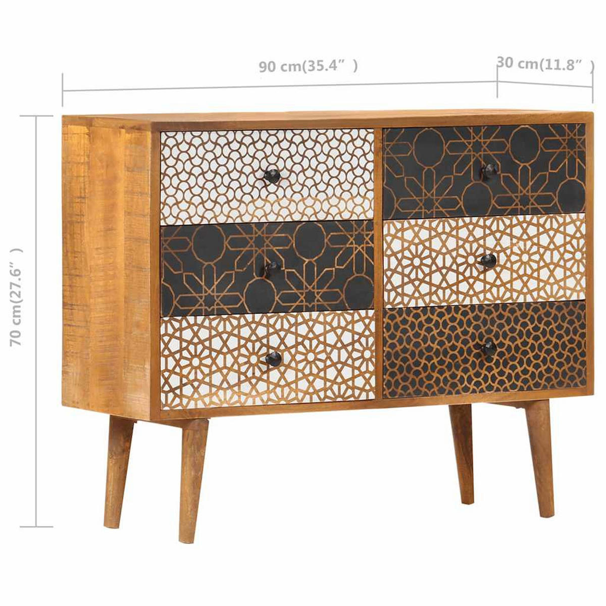 SIDEBOARD Mit Druckmustern 90/30/70 Cm Massivholz Mango - Braun, Holz (30/70/90cm) - vidaXL