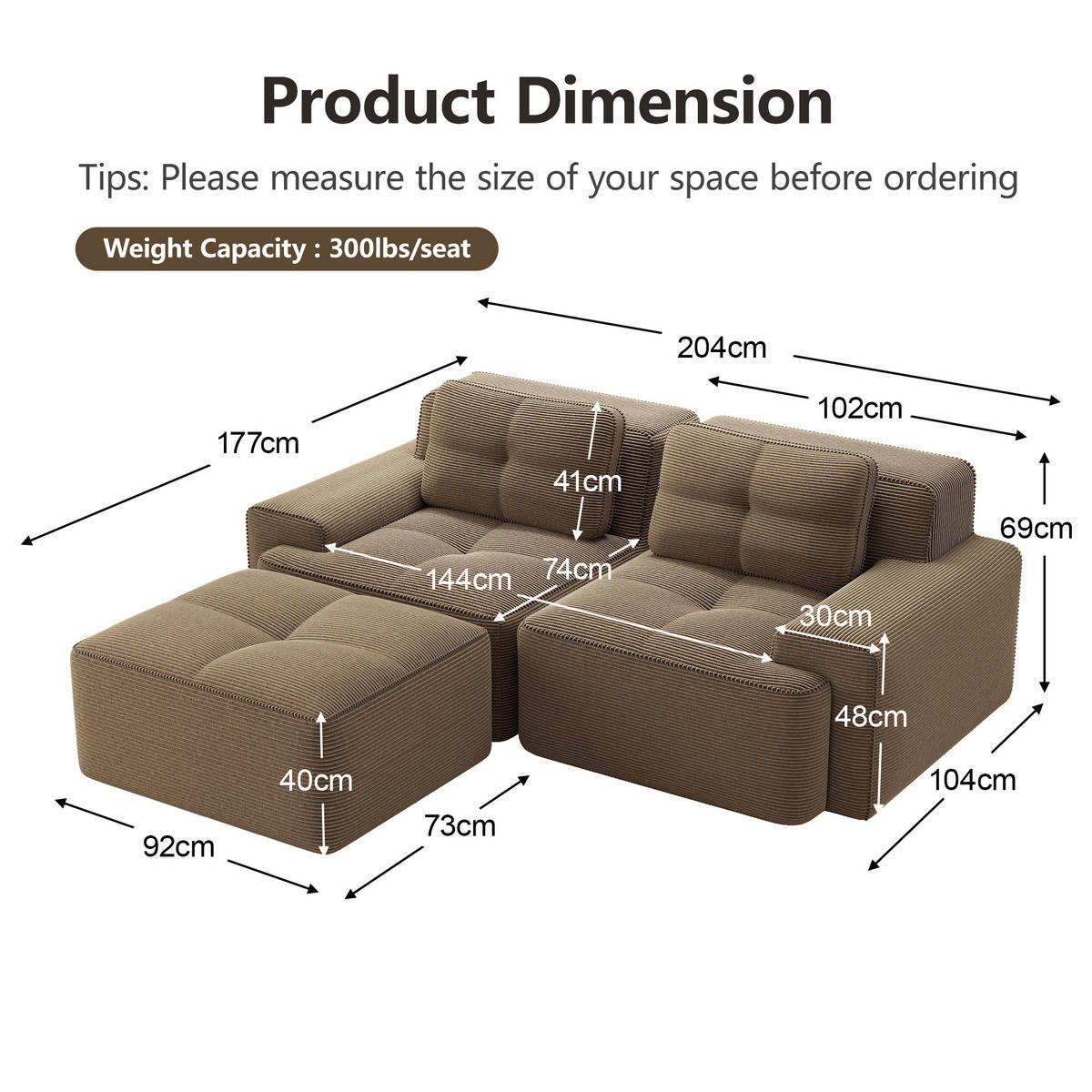 ECKSOFA cord in braun mit ottoman, rahmenlos & montagefrei - Walnussfarben, Textil (204/177cm) - Urban Meuble