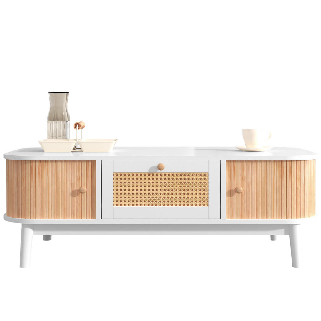 STILVORA KONFERENČNÍ STŮL v bílé a přírodní barvě se zásuvkami a posuvnými dvířky do obýváku, 110×55×38,5 cm