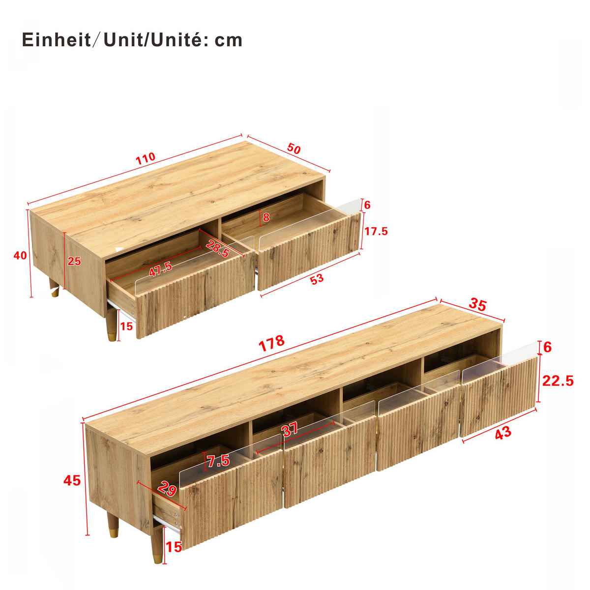 TV-SCHRANK SET holzoptik, 3d-rillen & smart led - Naturfarben, Holzwerkstoff (178/45/35cm) - Urban Meuble