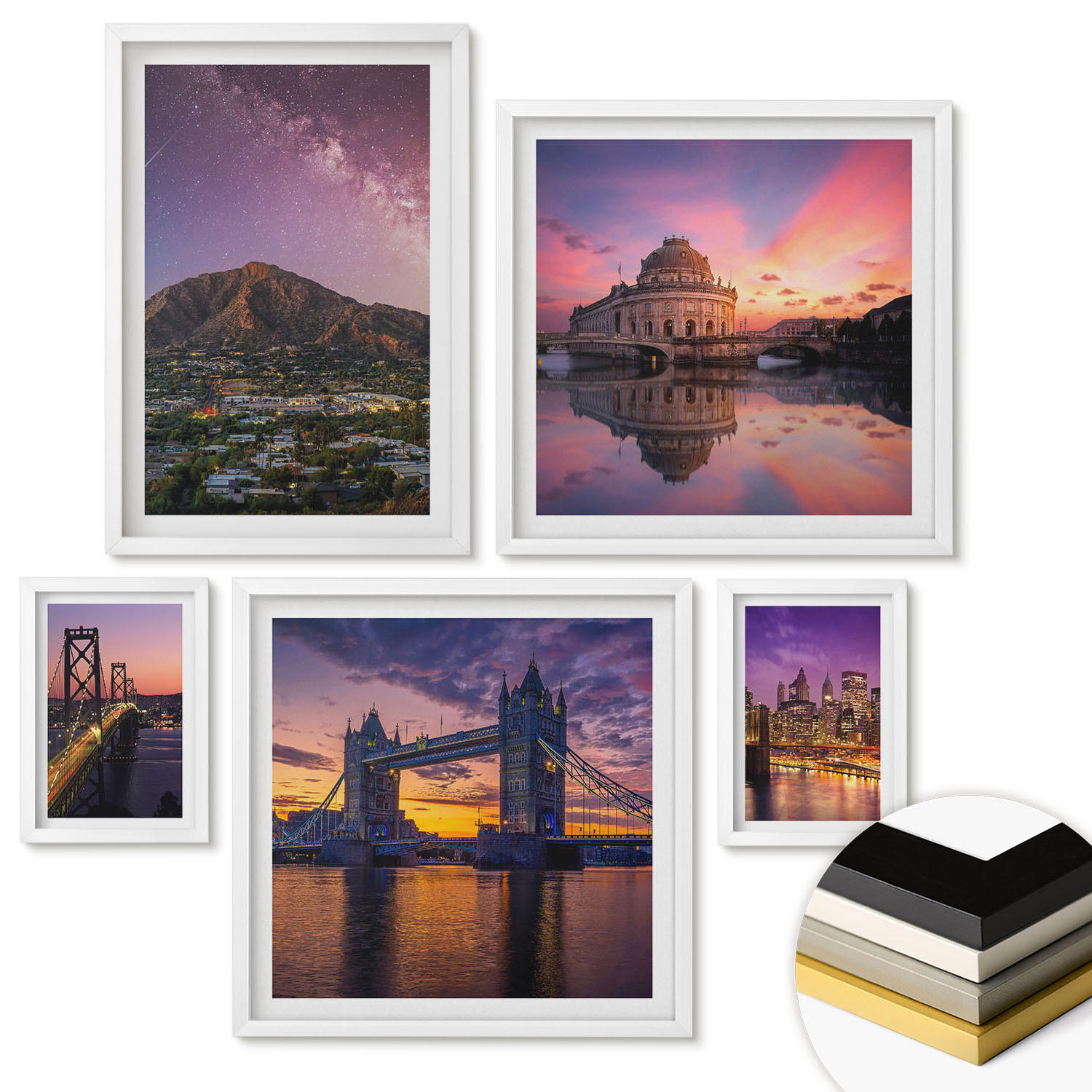 WANDBILDER 5er-Set - 50x50 cm & 20x30 cm & 40x60 cm Weißer Rahmen - Brücken, Sonne, Stadtblick - Weiß, Kunststoff (40/60cm) - ArtPrintCave