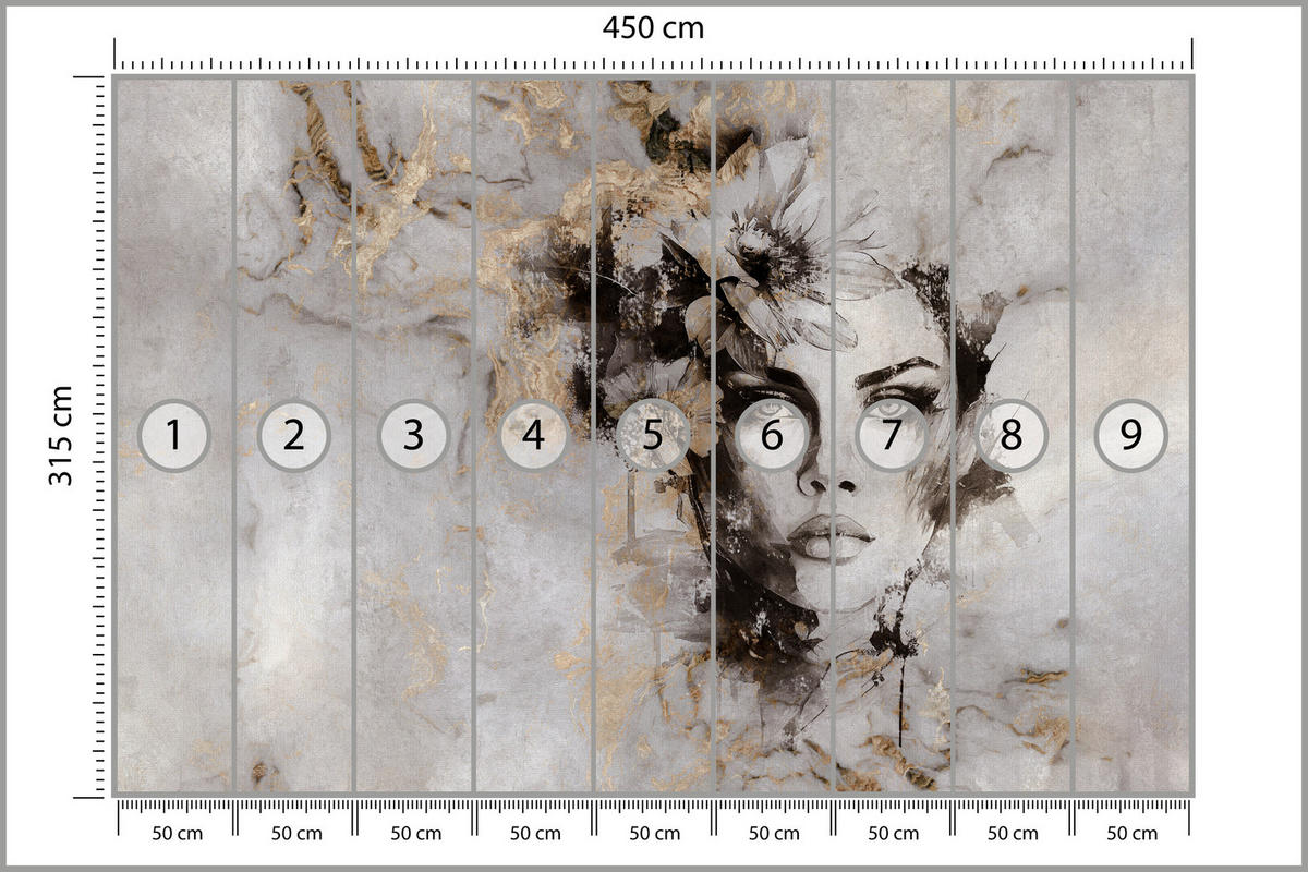 FOTOTAPETE für Wohnzimmer Frau Porträt Beton Blumen Modern 450x315 - Gelb/Beige, Papier (450/315cm) - Muralo