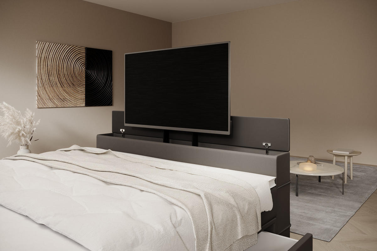 BOXSPRINGBETT Arosa TV mit Schubladen und Topper, TV-Lift, LED Beleuchtung, Kunstleder, 180x200 cm, Schwarz - Schwarz, Holz - PROMETO Möbel