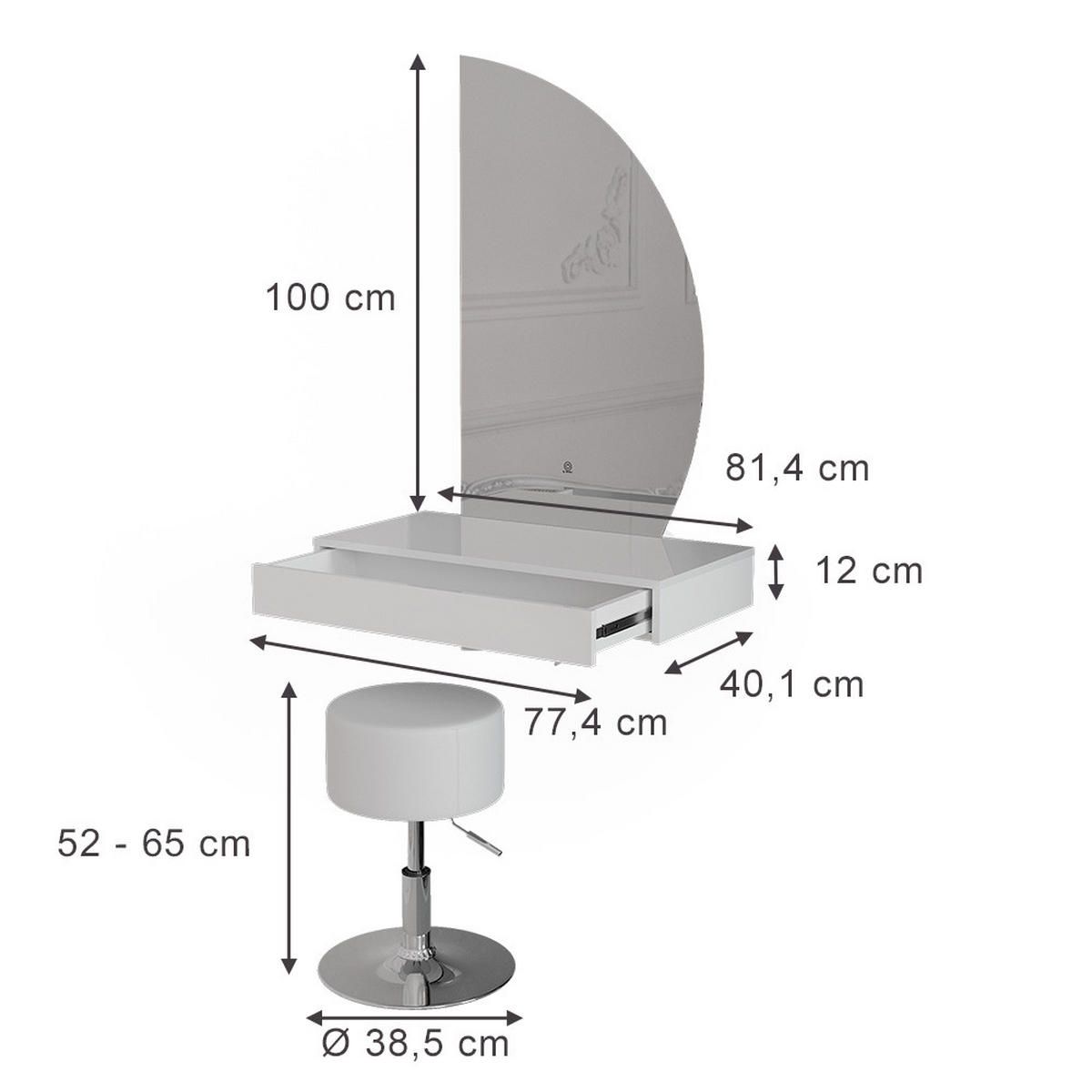 TOALETNÝ STOLÍK Sherry, Biely vysoký lesk, 81.4 cm so zrkadlom LED a stoličkou - biela s vysokým leskom, kompozitné drevo (81.4/12/40.1cm) - Vicco