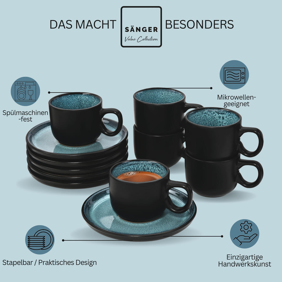 ESPRESSOTASSEN SET VIGO - 12 teilig aus Steingut - Blau, Stein (0.08L) - Sänger