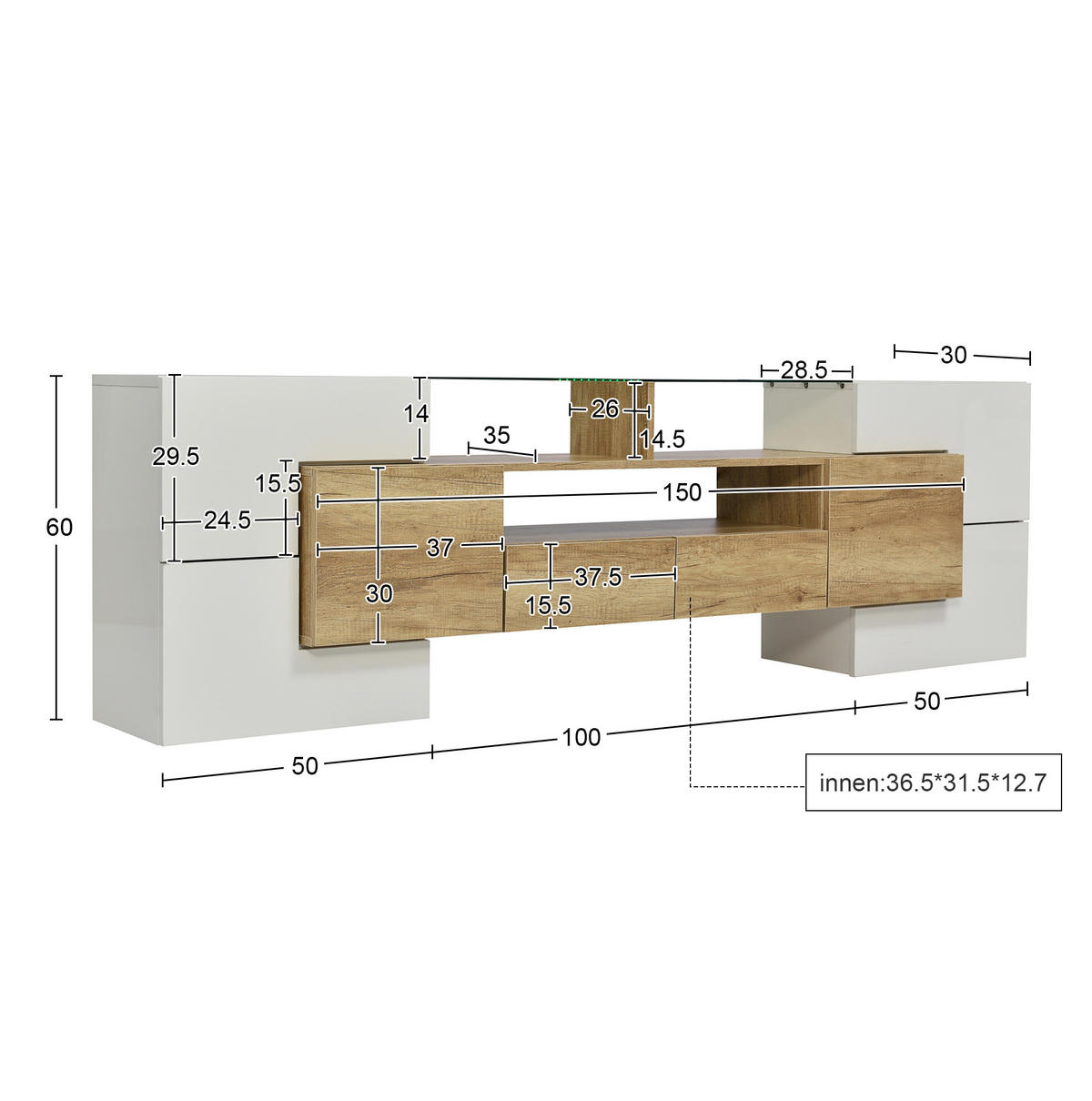 LOWBOARD 200/35/60 cm in Hochglanz Weiß und Holzfarbe mit LED-Beleuchtung - Weiß, Holzwerkstoff (200/60/35cm) - Flora Grace