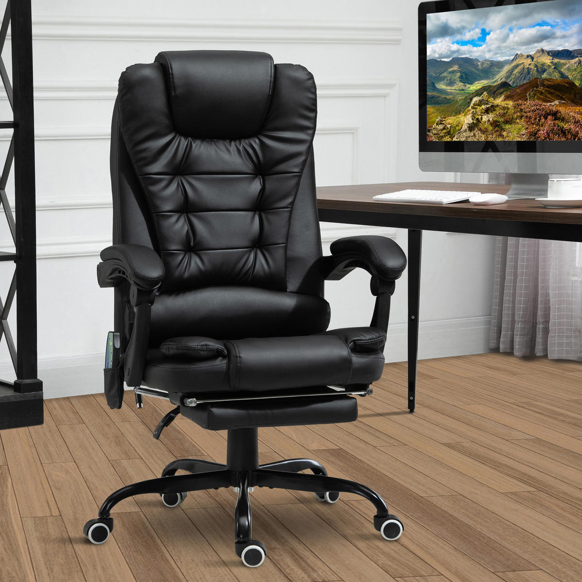 MASSAGESESSEL Chefsessel mit Fußstütze Rückenpolster einstellbar PVC Schwarz - Schwarz, Kunststoff/Metall (79/121/67cm) - Vinsetto