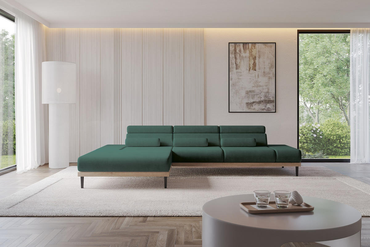 ELEKTRISCHES ECKSOFA Links MONA 316x205x85 Grün Velours - Dunkelgrün/Grün, Holzwerkstoff/Textil (316/205cm) - ALTDECOR