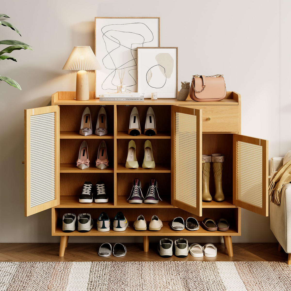 SCHUHSCHRANK Rattan mit 3 Türen Natural 120x35x106cm - Naturfarben, Holzwerkstoff (35/106/120cm) - FLIEKS