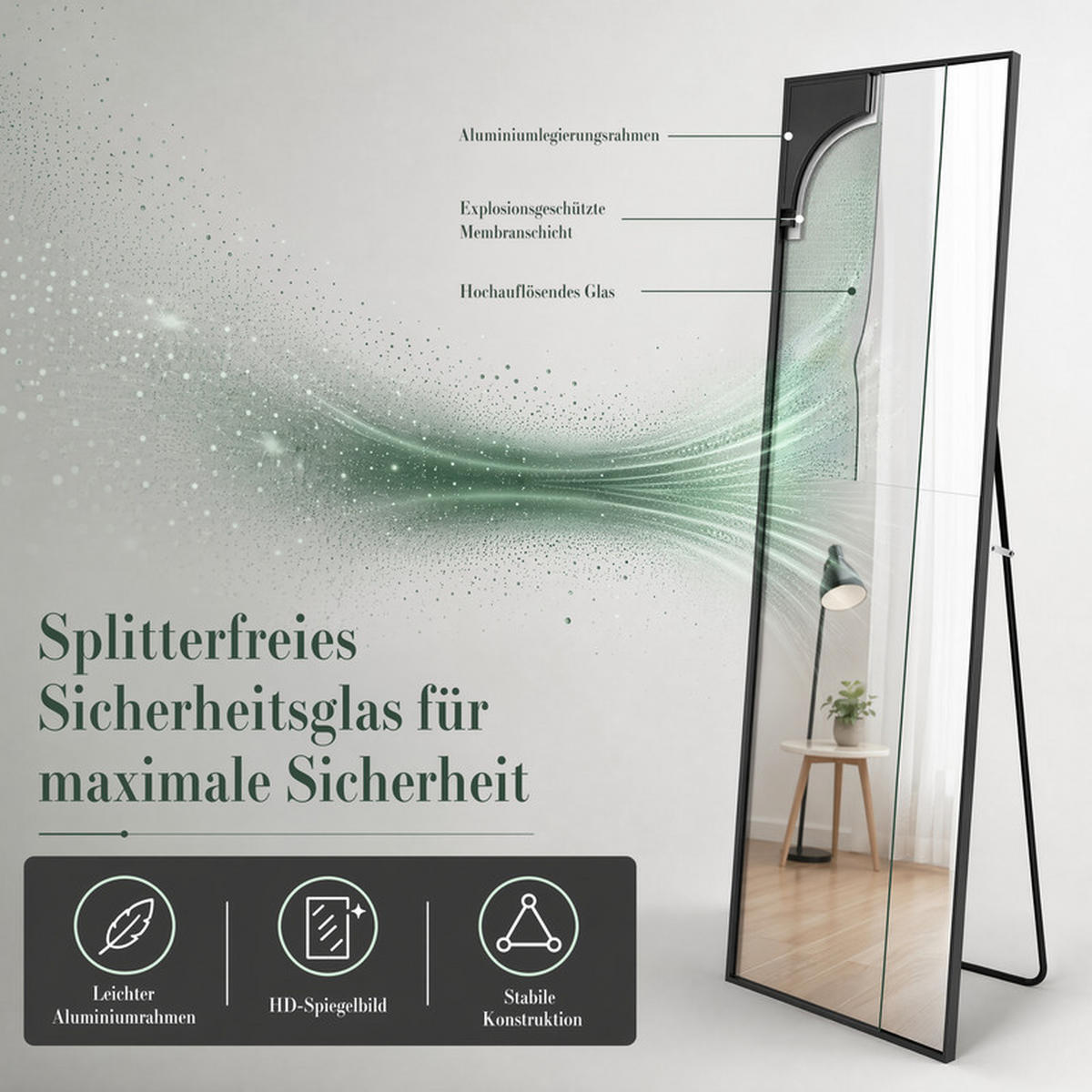 STANDSPIEGEL für Schlafzimmer & Diele, Schwarz, Alurahmen 150 x 40 cm - Schwarz, Glas/Metall (2/150/40cm) - SHOPENTRA