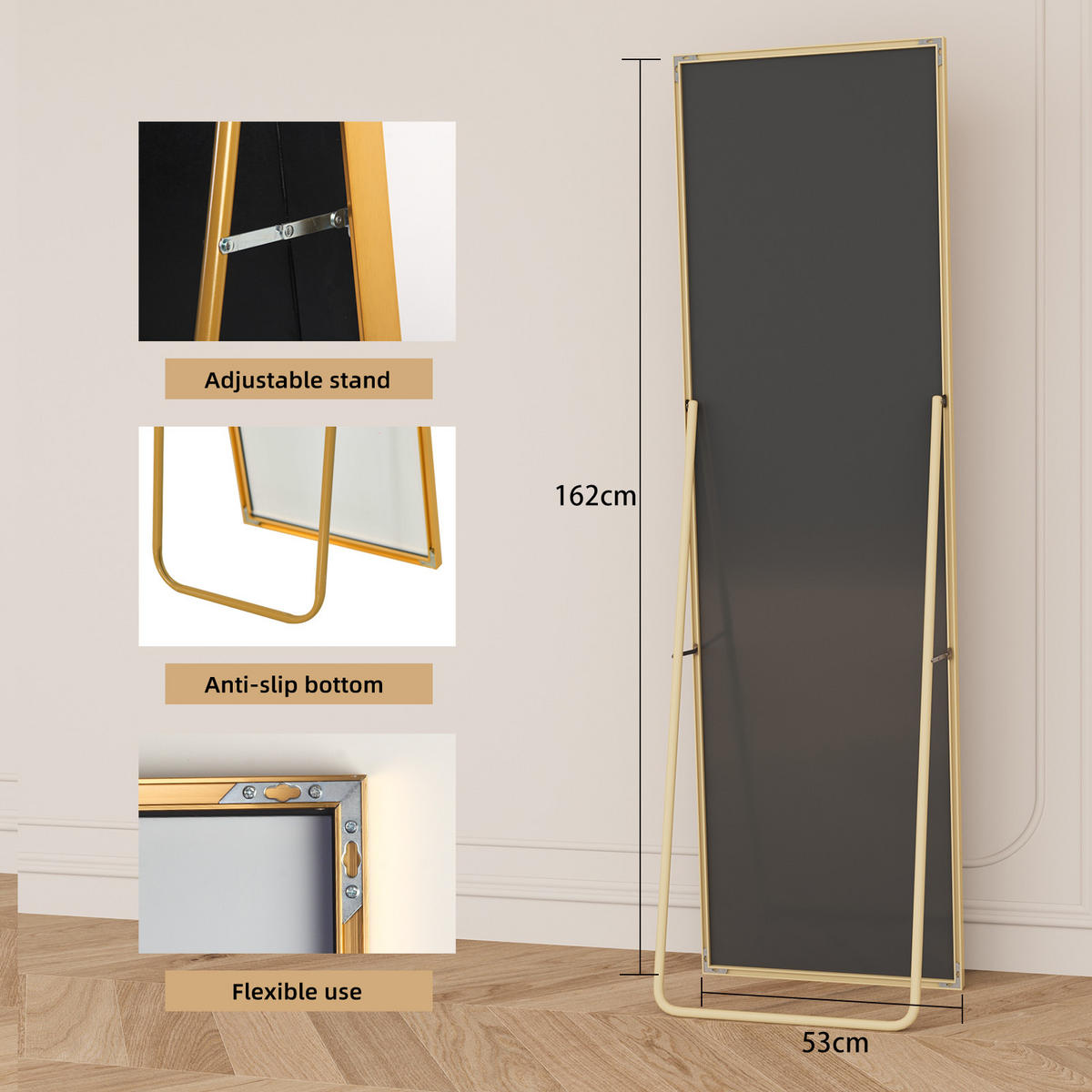 STANDSPIEGEL Ganzkörperspiegel,162 × 53 cm, freistehend oder zur Wandmontage geeignet,goldfarben, Aluminiumlegierung - Goldfarben, Glas (53/162/3cm) - WoodenAura