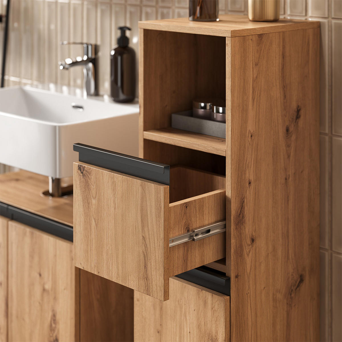 MIDISCHRANK Torren Artisan 30 x 112.6 cm mit Schublade - Hellgrau, Holzwerkstoff (30/112.6/35cm) - Vicco