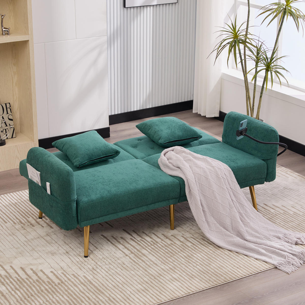 SOFABETT 2-Sitzer mit verstellbarer Rückenlehne & USB-Anschlüssen Chenille Smaragd 173/78/78 cm - Dunkelgrün, Textil (173/78/78cm) - OKWISH