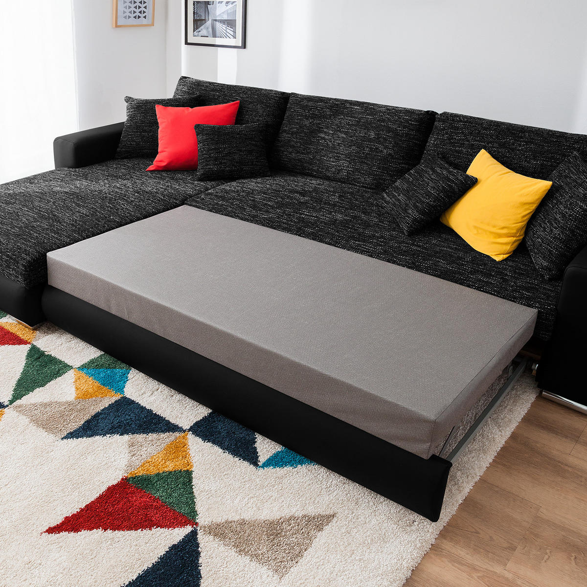 ECKSOFA mit Schlaffunktion - Kunstleder / Strukturstoff - Schwarz, Kunststoff (285/170cm) - home24