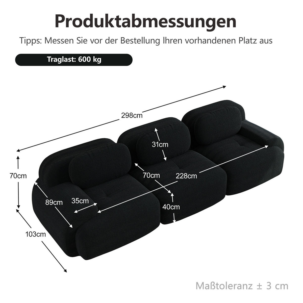 3-SITZER-SOFA DE-34025 modular Schwarz - Schwarz, Textil (103/75/298cm) - ComfortXL