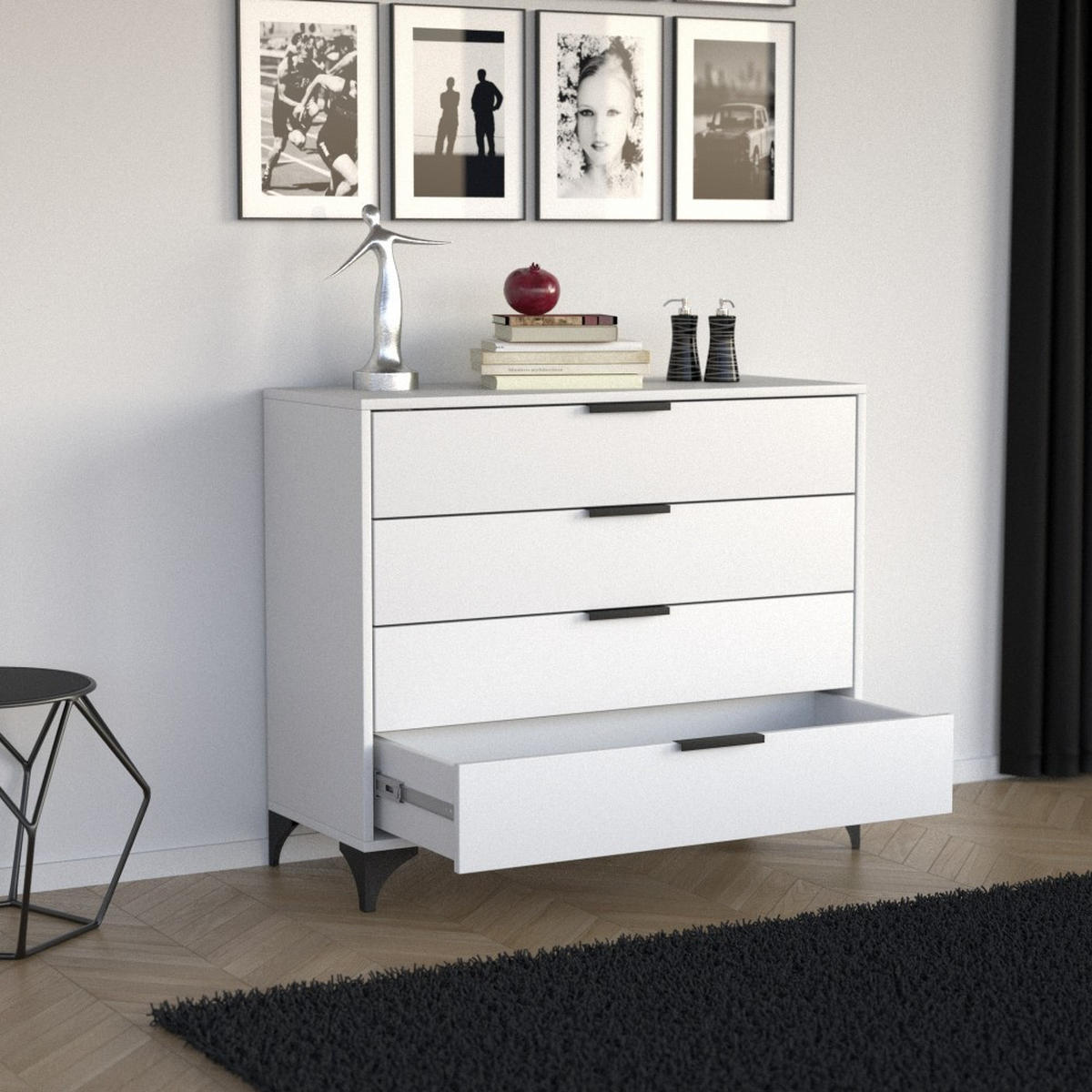KOMMODE Home mit 4 Schubladen, 80 cm, ohne Griffe, Weiß - Schwarz/Weiß, Holzwerkstoff (80/85/40cm) - Beautysofa