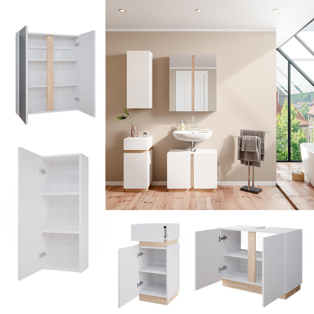 BADMÖBEL-SET Gloria Weiß 4 Teile - Weiß/Sonoma Eiche, Holzwerkstoff (70/55/34cm) - Vicco