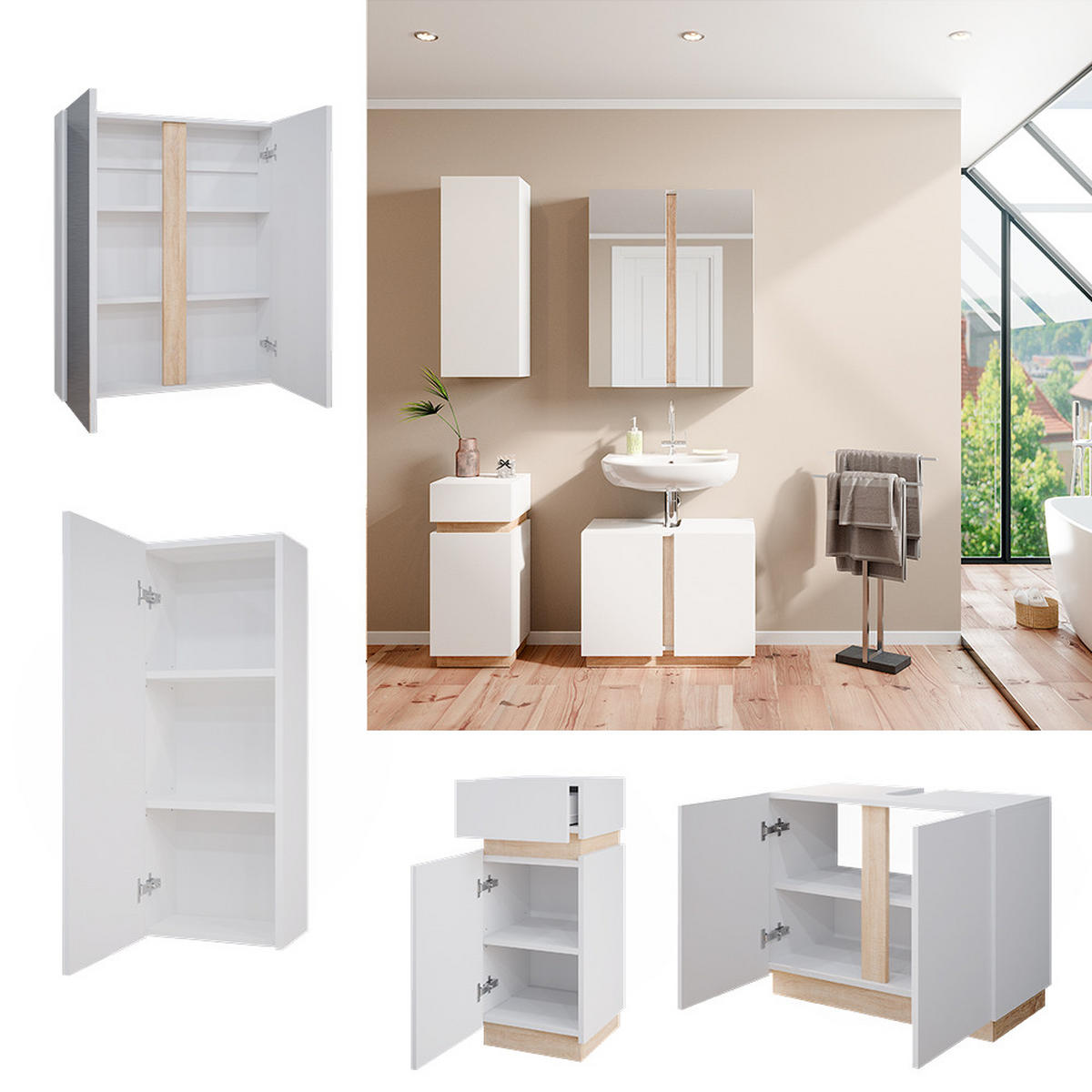 BADMÖBEL-SET Gloria Weiß 4 Teile - Weiß/Sonoma Eiche, Holzwerkstoff (70/55/34cm) - Vicco