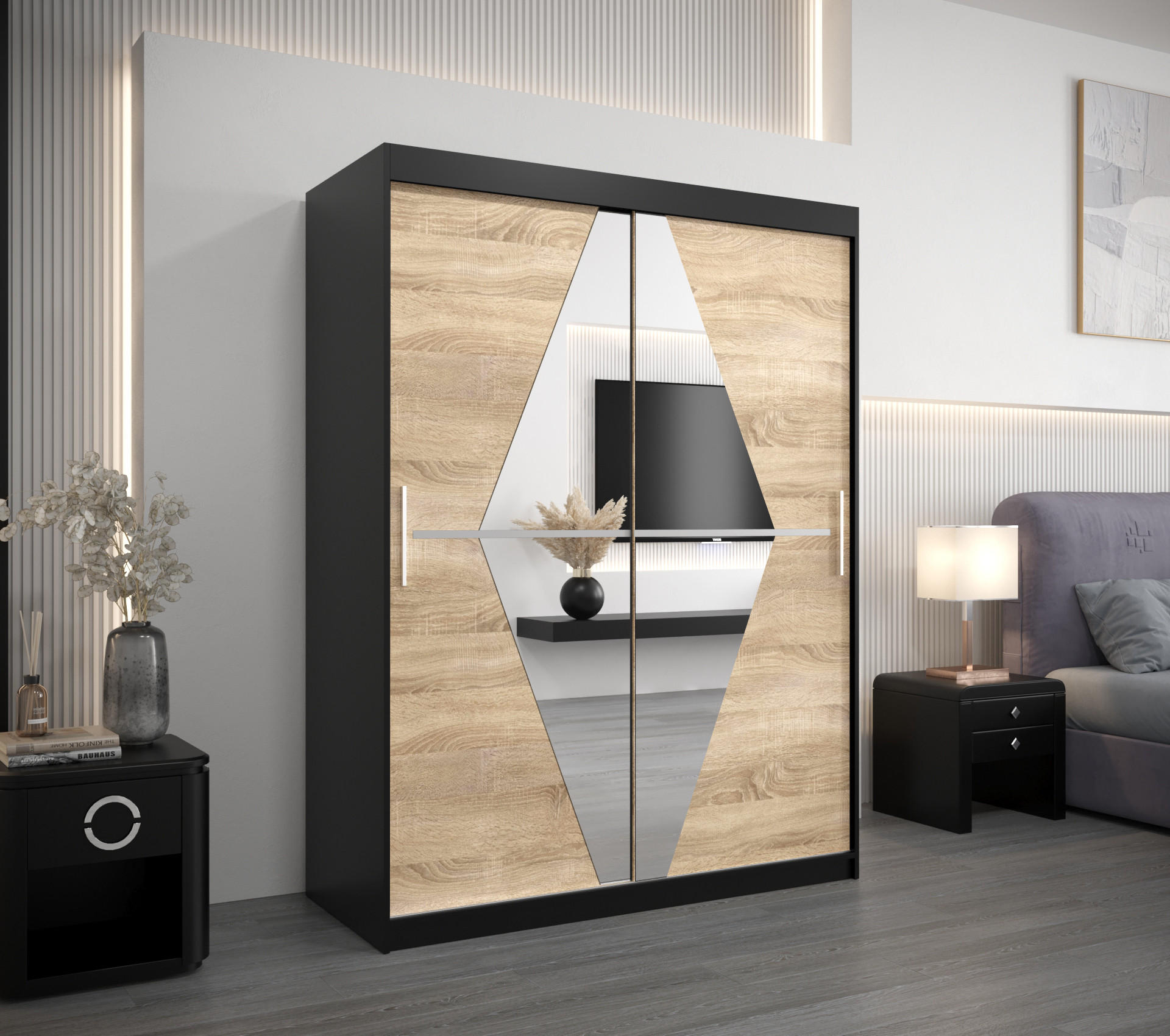 SCHWEBETÜRENSCHRANK 200/150/62 2-türig - Silberfarben/Schwarz, Holz/Kunststoff (150/200/62cm) - Abiks Möbel