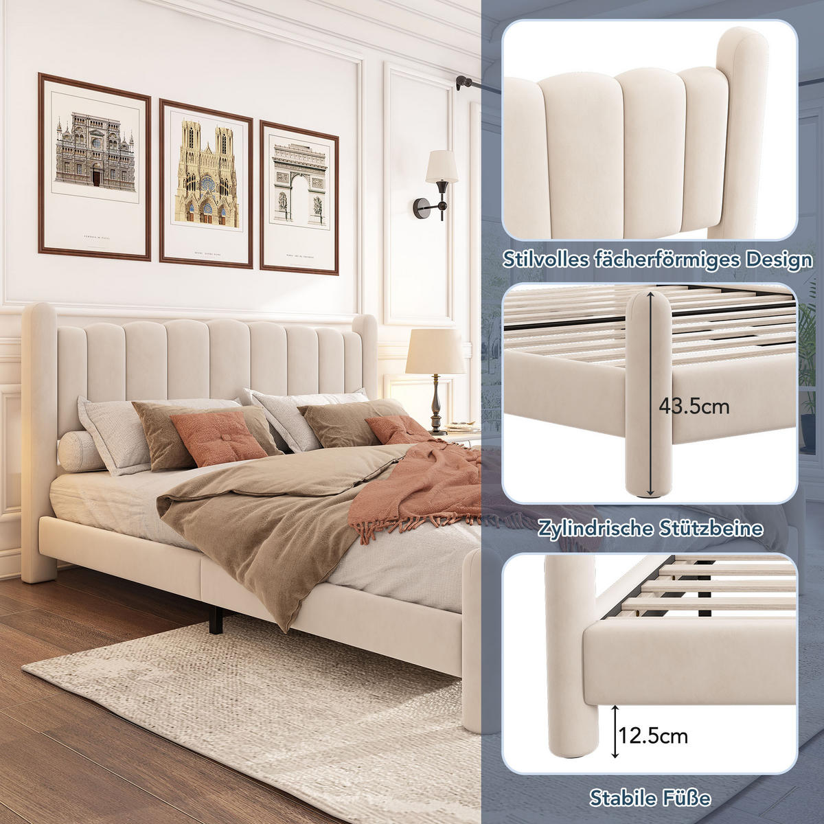 POLSTERBETT 180/200 cm beige aus Samt mit Lattenrost und Wellenkopfteil - Beige, Textil (180/200cm) - OKWISH