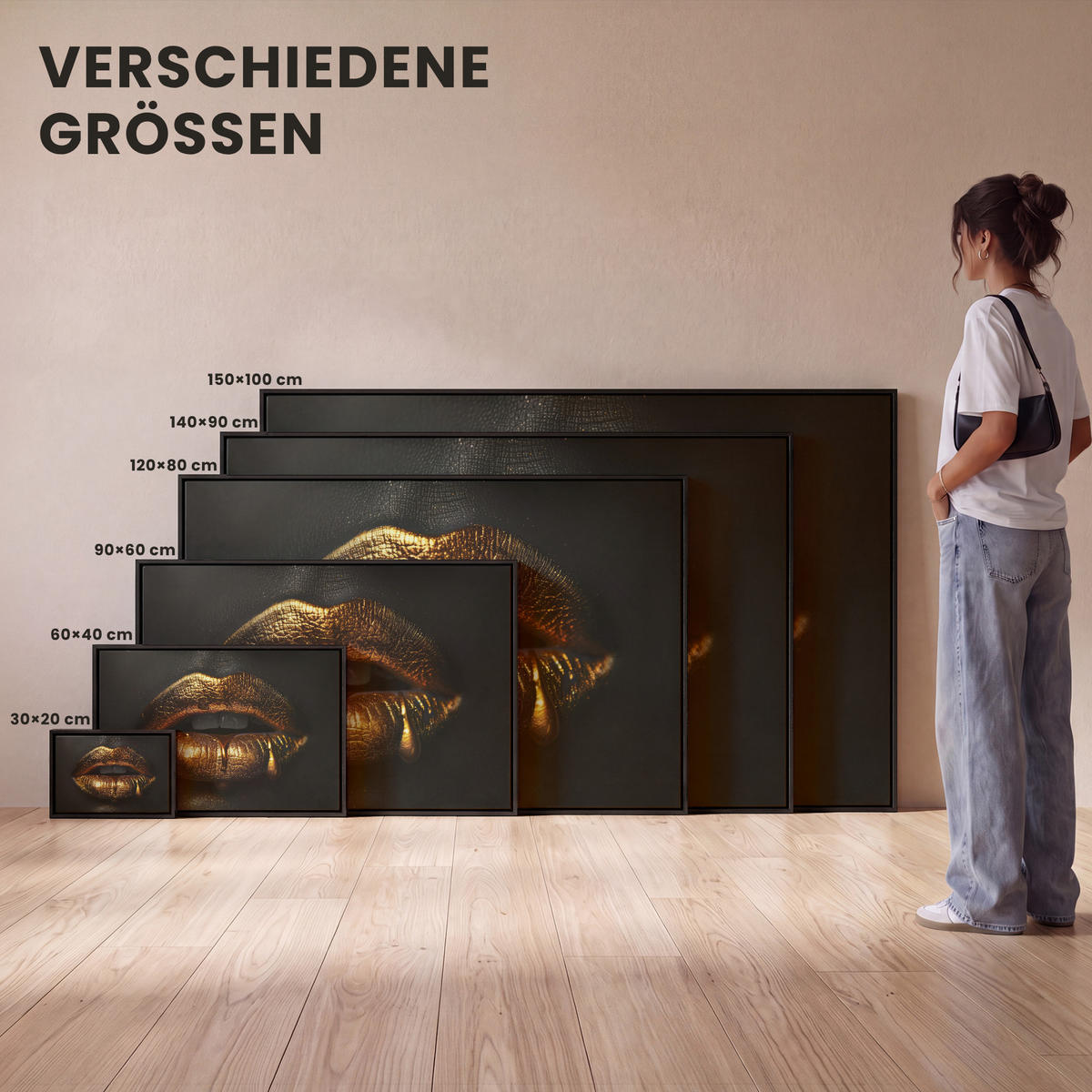 LEINWAND Bilder mit Rahmen - Frau - Porträt - Lippen - Gold - Schwarz - 30x20 - Schwarz, Textil (30/20cm) - MuchoWow