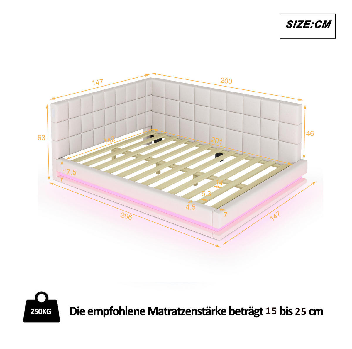 ČALÚNENÁ posteľ z ľanu 140x200 cm béžová s LED osvetlením, USB portom a lamelovým roštom - béžová, koža (140/200cm) - Modfu