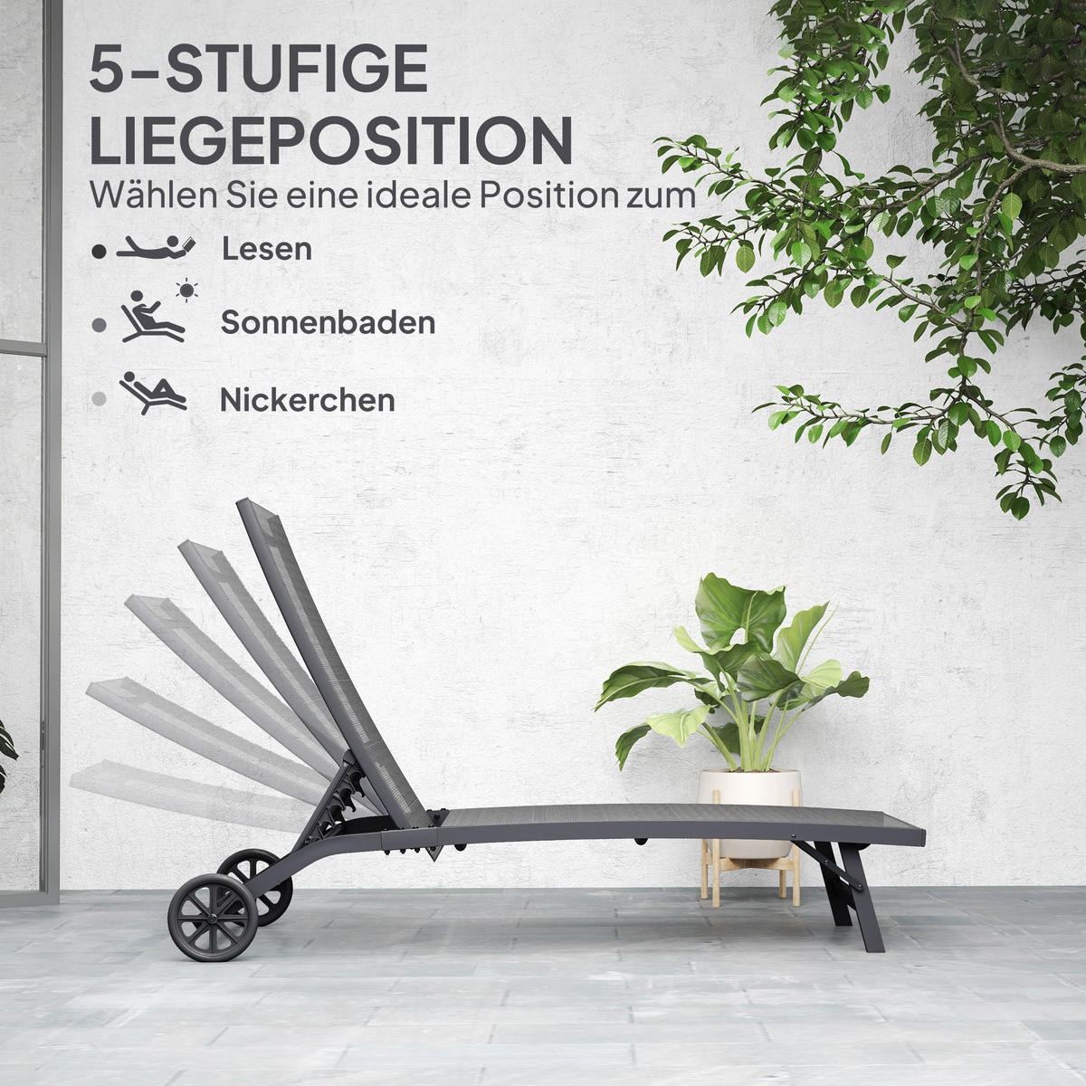 SONNENLIEGE, Liegestuhl mit Rollen, Relaxliege mit verstellbarer Rückenlehne Alu - Dunkelgrau, Metall (165/102/66cm) - Outsunny