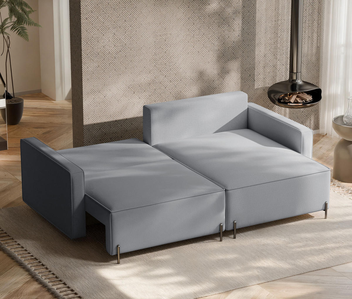 ECKSOFA LEO Rechts, mit Schlaffunktion und Bettkasten, Grau - Grau, Textil/Metall (229/148cm) - Idohome