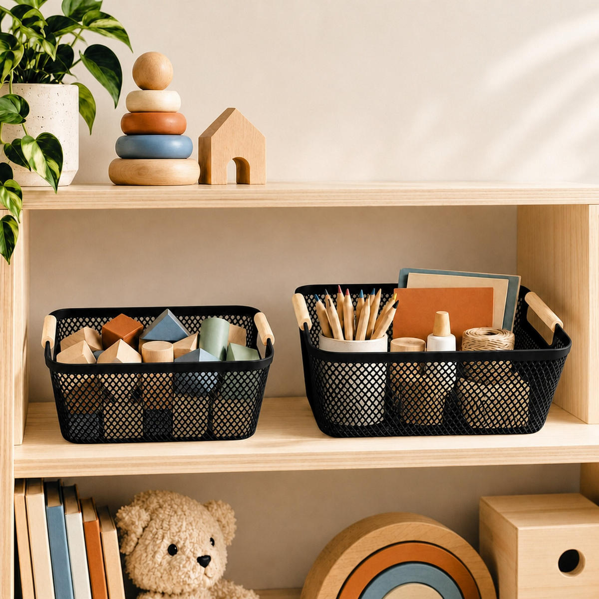 FÖRVARINGSKORG Svart 6-pack plast trähandtag storlek S - Svart, Trä/Plast (17.5/28.5/14cm) - Relaxdays