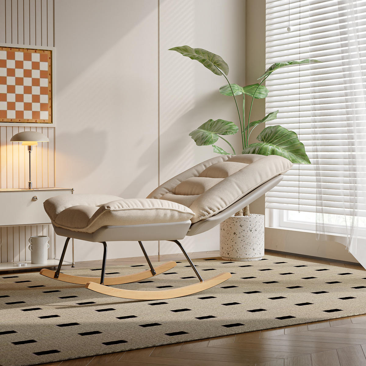 SCHAUKELSTUHL mit 5-fach verstellbarer Rückenlehne, für Wohnzimmer und Garten - Beige, Holz/Textil (63/100/90cm) - PARAFTA HOME