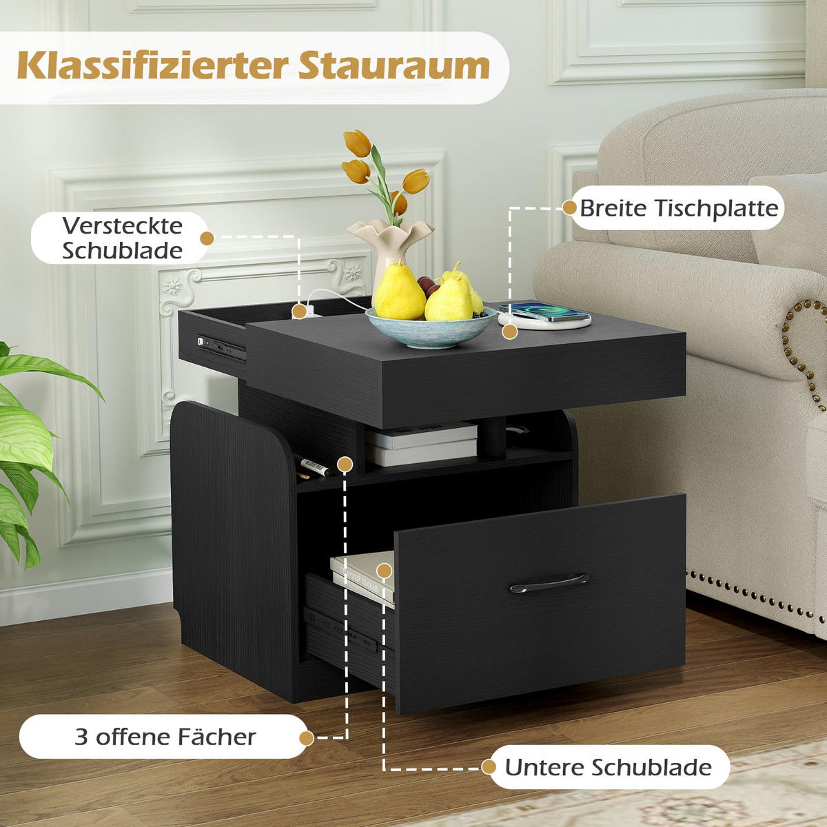 NACHTTISCH mit integrierter Ladestation, Schublade und offenen Fächern, Schwarz - Schwarz, Holzwerkstoff/Metall (50/55/40cm) - DESIGN IN