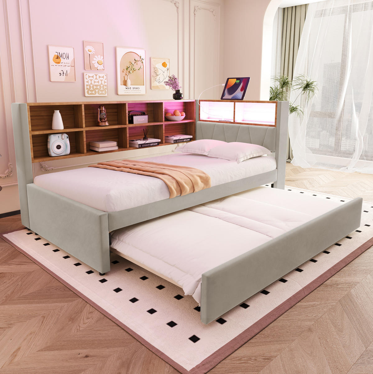 SCHLAFSOFA 90/200 cm mit Ausziehbett, LED, USB- und Type-C-Anschluss, Flanell, Hellgrau - Hellgrau, Textil (103/98/213cm) - Redom