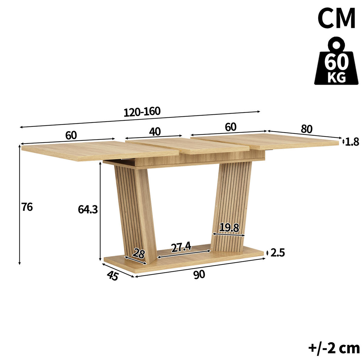 ESSTISCH ausziehbar 120-160/80/76 cm DE-39645 Naturbraun - Naturfarben, Holzwerkstoff (80/160/76cm) - ComfortXL