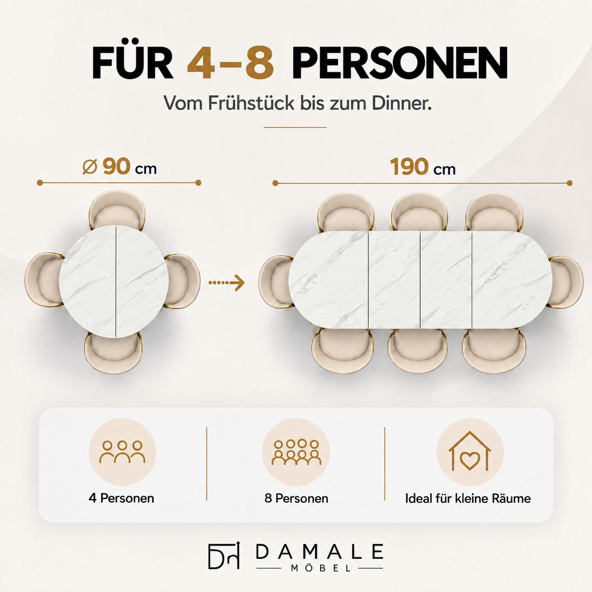 ESSTISCH rund ausziehbar 90/190/76 cm, Marmor, 54 cm Tischplatte + Y Metallgestell Schwarz - Hellgrau/Schwarz, Holzwerkstoff/Metall (90/190/76cm) - Damale Möbel
